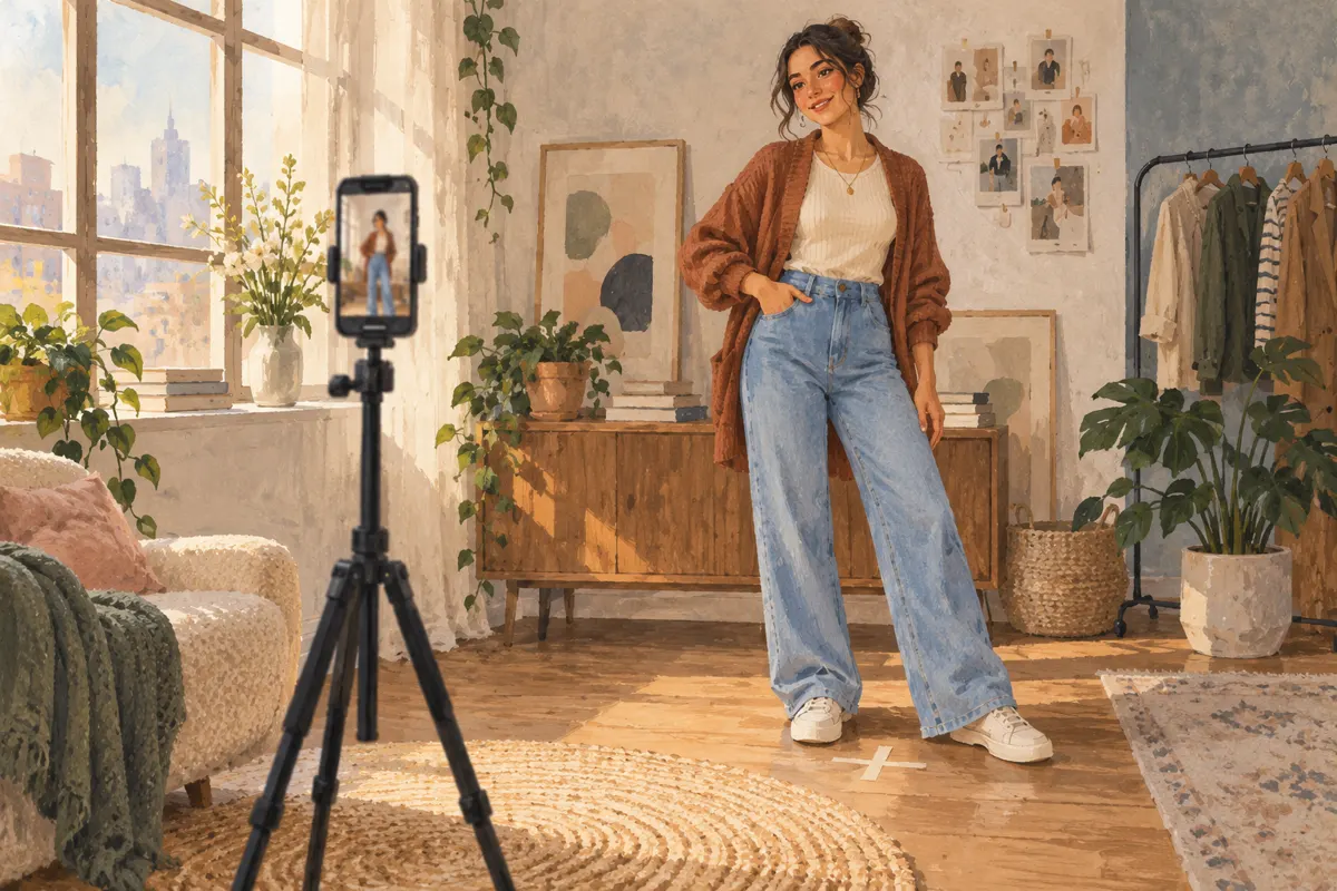 Illustration of a home outfit-photo setup with window light, a supported phone, and a marked standing position.