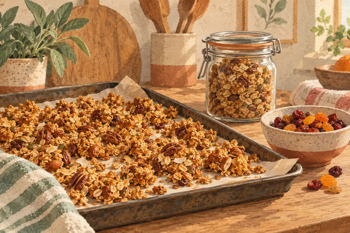 Illustration of granola cooling on a baking sheet beside dried fruit and an airtight storage jar.