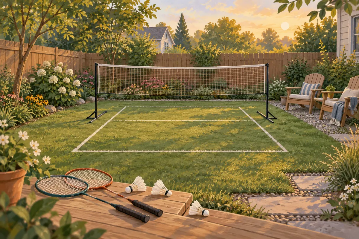 Illustrated small backyard with a badminton net, shortened boundaries, and seating beside the court.
