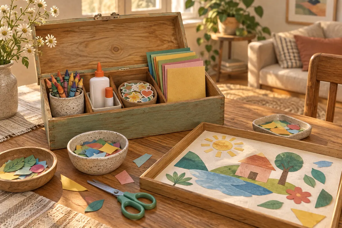 Illustration of a neatly divided family craft box beside a tray for an unfinished collage.