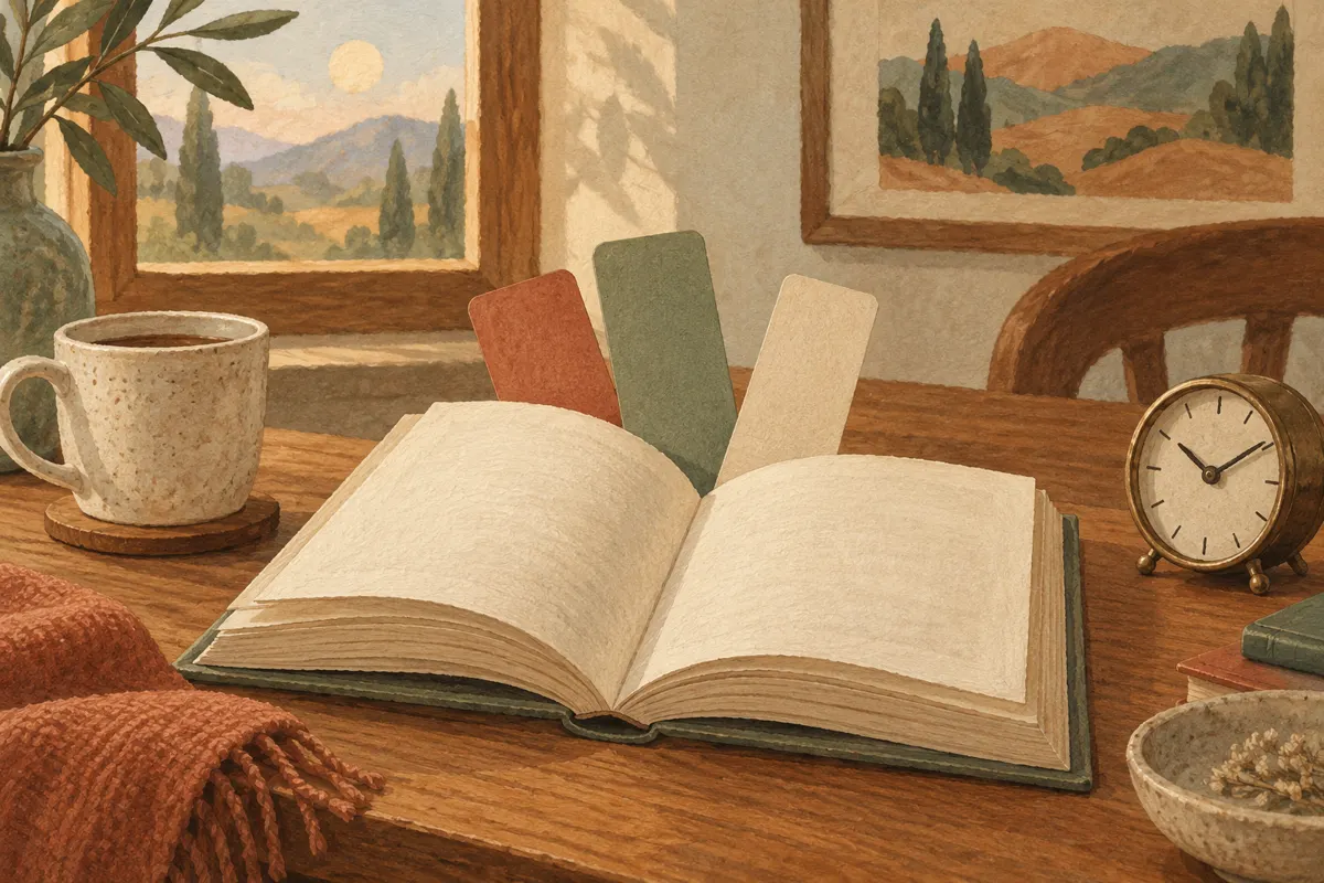Illustration of an open book, bookmarks, and a clock representing a timed book club discussion.